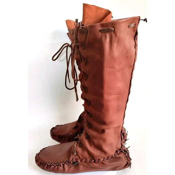 Ramble Leather Dark Brown Elk Deer Handmade Knee High Boots Size 10 Lace-Up Back - Picture 7 of 11
